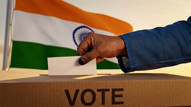Voting in India for democracy, casting ballot into box with flag, political participation