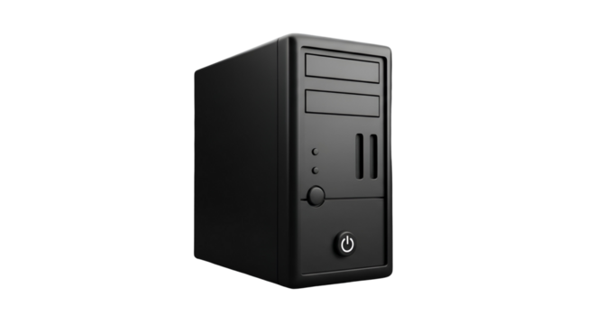 3d icon of black computer tower isolated on transparent background, a desktop workstation for home or office use