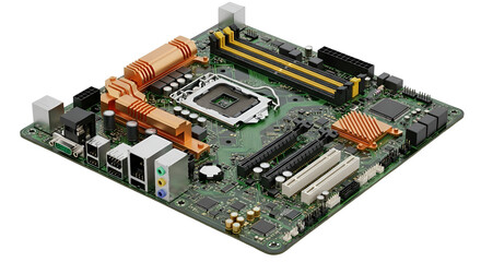 3d icon of close up of a computer motherboard isolated on transparent background, showcasing its intricate components and design
