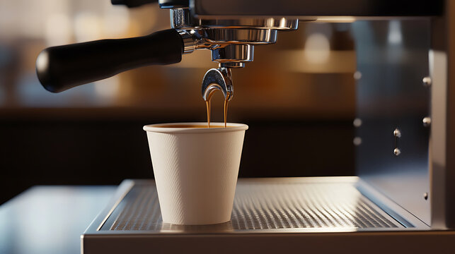 Fresh brew espresso pouring into a paper cup from a modern machine. Invigorate your senses with a rich cup of coffee! Sip and savor the aroma of freshly brewed coffee.