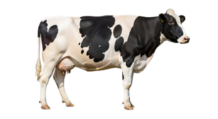 Holstein Friesian cow with black and white patches standing, isolated on white or transparent background. PNG