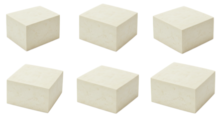 Set of six realistic light beige cubes isolated on white background, perfect for 3D design and texture modeling