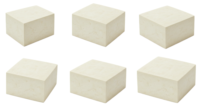 Set of six realistic light beige cubes isolated on white background, perfect for 3D design and texture modeling
