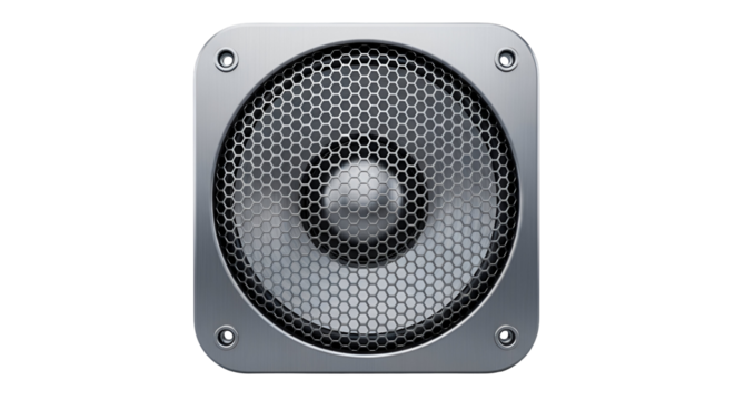 3d icon of speaker isolated on transparent background for audio playback and sound system in silver and black
