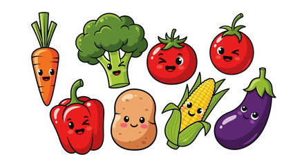 Collection of cute, cartoon vegetables with happy faces, including carrot, broccoli, tomato, potato, corn, and eggplant