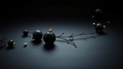 Luxury Black Holiday Ornaments Dramatic Still Life with Matte Baubles and Dark Fir Branches_11