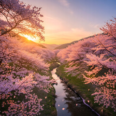 Breathtaking View of a River Framed by Cherry Blossoms During Sunrise