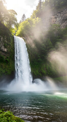 Majestic Waterfall Plunging into a Turquoise Pool Amidst Misty Green Cliffs
