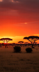 Vibrant African Sunset over a Savanna with Silhouetted Acacia Trees