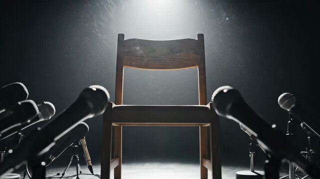 An empty wooden chair sits under a spotlight, surrounded by microphones, suggesting a press conference or important announcement