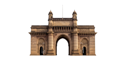 Gateway of India monument with arched entrance and towers, isolated on white or transparent background. PNG