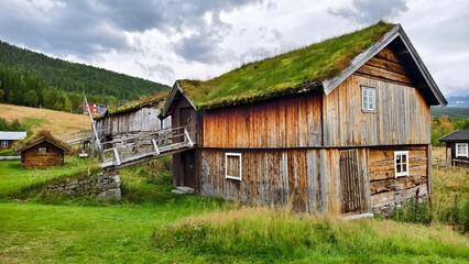 Wooden timbered building with grass roof architecture in Norway