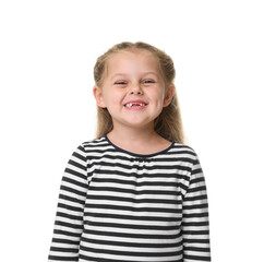 Portrait of smiling little girl on white background