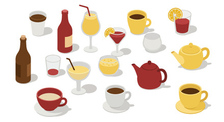 Isometric beverage collection: coffee, tea, and cocktails in flat design