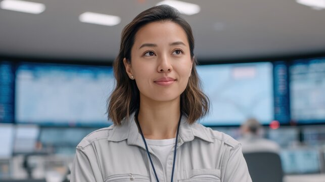 Professional woman in operations center monitors data with confidence while considering strategic decisions and solutions for technology management in modern workplace
