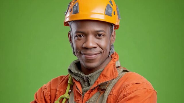 The Confident Climber: A determined individual, adorned in a protective helmet and gear, gazes directly at the viewer with a sense of unwavering confidence, all set against a vibrant green backdrop.