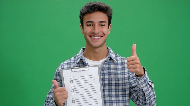 Success Approved: A confident person holds up a clipboard with a checklist, gives a thumbs up, a gesture of endorsement or approval.