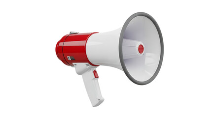 Red and white megaphone with gray rim and red button, isolated on white or transparent background. PNG
