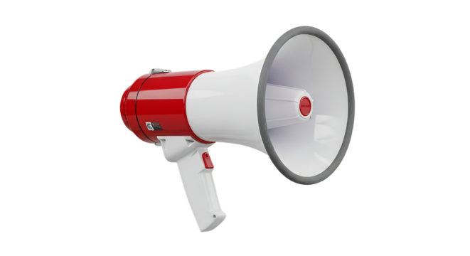 Red and white megaphone with gray rim and red button, isolated on white or transparent background. PNG