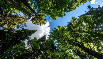 Looking up through vibrant green treetops towards a blue sky with fluffy white clouds, capturing a natural scene