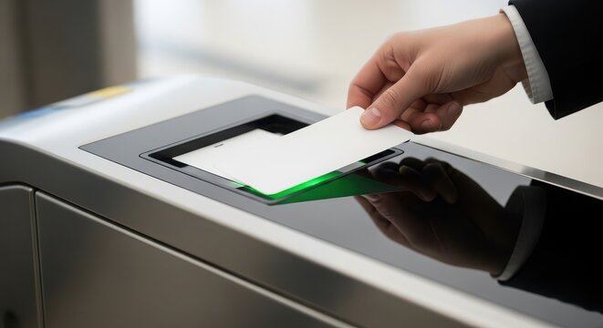 Person inserts a blank white card into an electronic access control reader at a security gate, gaining entry to the facility