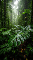 Vibrant Wet Rainforest with Large Leaves and Atmospheric Mist