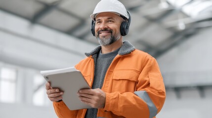Smiling construction worker in orange jacket and white hard hat using tablet with headphones in industrial site, showcasing modern technology in safety gear
