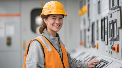 Smiling Female Worker Operating Control Panel in Industrial Setting with Safety Gear and Hard Hat in Modern Facility