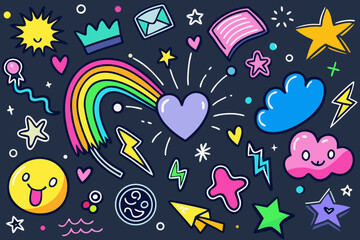 Vibrant doodle collection of cute and whimsical elements