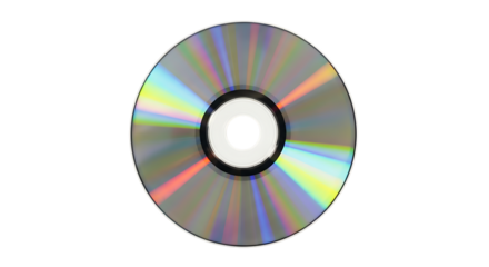 Shiny C D disc with rainbow reflections and central hole, isolated on white or transparent background. PNG