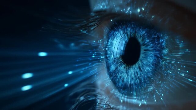 Futuristic blue human eye with glowing digital data streams. Concept of artificial intelligence, technology, and vision.