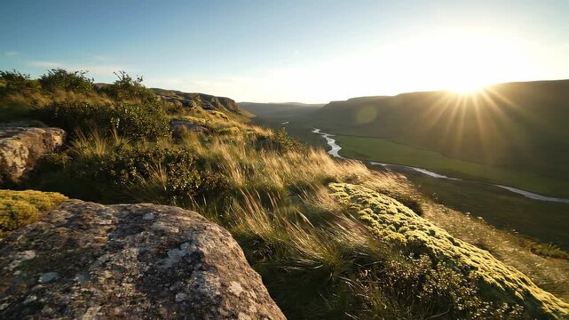 A landscape overlooking a river valley at sunset with stone, plants, and sunlight