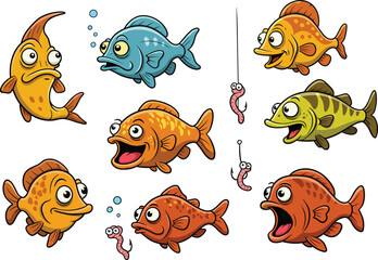 Cartoon fish and worm character set, playful aquatic illustrations, fishing bait clipart, kids vector design, whimsical ocean icons, stylized underwater graphics