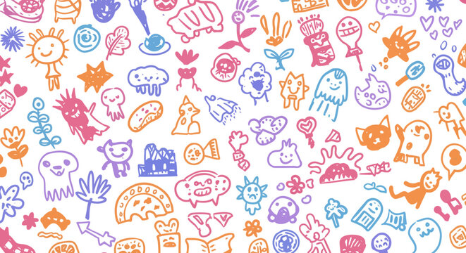 Whimsical doodle pattern with cute characters and colorful elements on white…