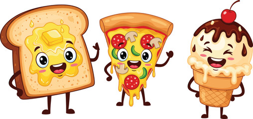 Cartoon food character illustration set, smiling toast, pizza slice, and ice cream cone with expressive faces, snack theme, vector clipart, design asset