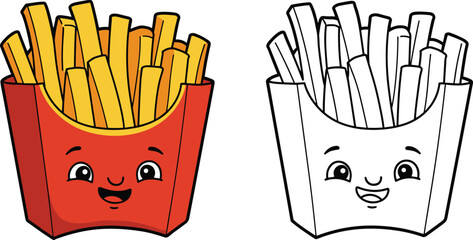 Cartoon French fry character illustration set, full-color and outline versions, smiling face in red container, snack theme, vector clipart, design asset