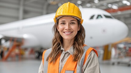 Young woman engineer wearing hard hat, safety vest in aircraft hangar, smiling confidently with airplane in background, promoting aviation career opportunities and teamwork