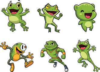 Cartoon frog character set, cute amphibian illustrations, playful animal clipart, kids vector design, whimsical jumping icons, stylized nature graphics