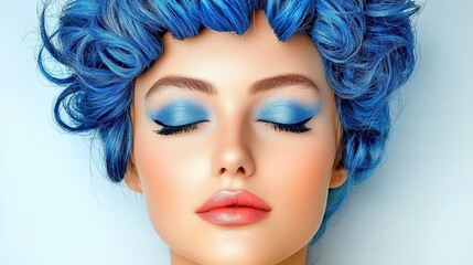 Fototapeta premium Serene Woman with Vibrant Blue Hair and Makeup, Eyes Closed, Soft