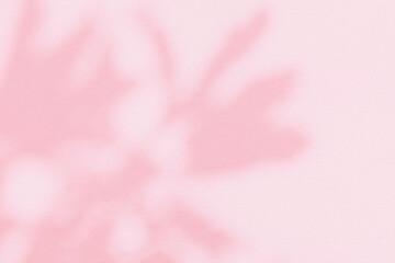 Light and shadow pink pastel abstract background. Natural leaves shadows and sunshine diagonal refraction on white wall texture. Shadow overlay effect foliage mockup, banner graphic layout