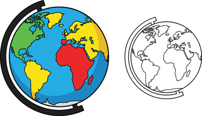 Cartoon globe illustration set, colored and outline versions with continents and oceans, classroom geography theme, vector clipart, educational design asset