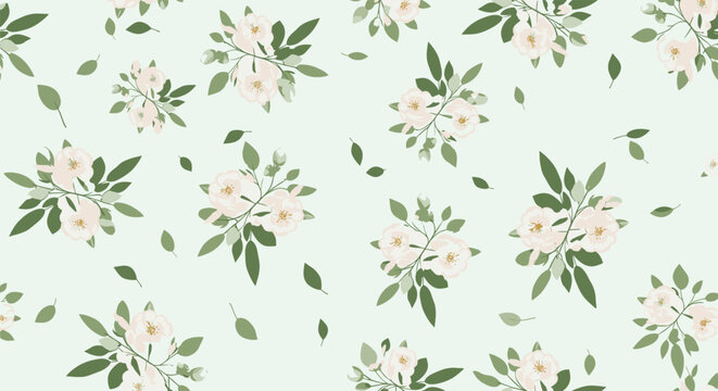 A delicate pattern of light cream roses with green leaves scattered across a soft mint green background.
