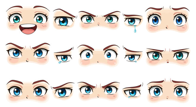 Cute anime eyes collection with various emotional expressions in cartoon style