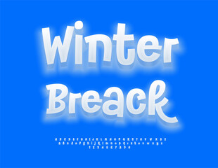 Fototapeta premium Vector Playful logo Winter Break.Glowing White Font. Funny Modern Alphabet Letters and Numbers set.