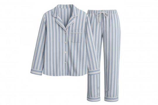 Blue and white striped pajamas set, long sleeve shirt and pants, comfortable sleepwear or loungewear apparel
