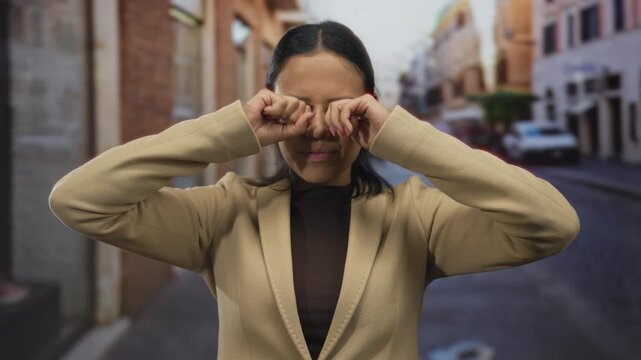 Woman smiling and rubbing eyes on a lively urban street, conveying surprise and joy, dressed in a beige blazer, embodying youthful enthusiasm in a vibrant outdoor setting.