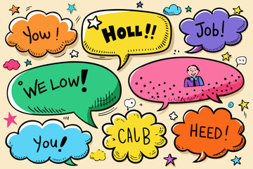 Colorful speech bubbles with exclamations and a cartoon man
