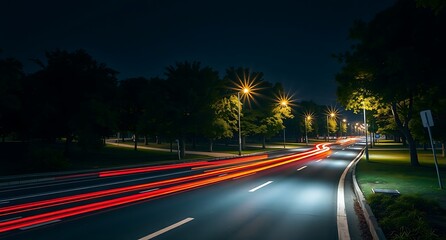 Night Road with Vehicle Light Trails – Long Exposure Photography of Urban Motion | light trails, nighttime road, long exposure, red and white lights, moving vehicles, urban motion, streetlights, warm 