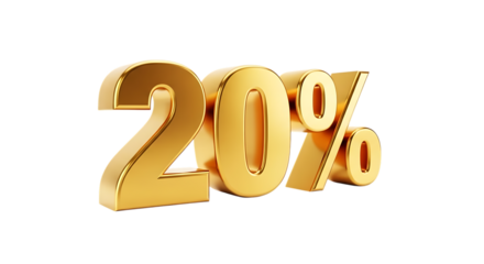 Golden 20 percent symbol with metallic sheen, isolated on white or transparent background. PNG