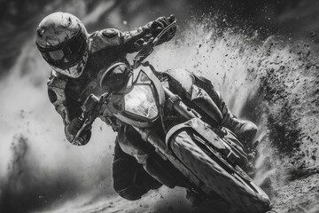 Adrenaline fueled motorcycle racer creating a large dust cloud during a sharp turn